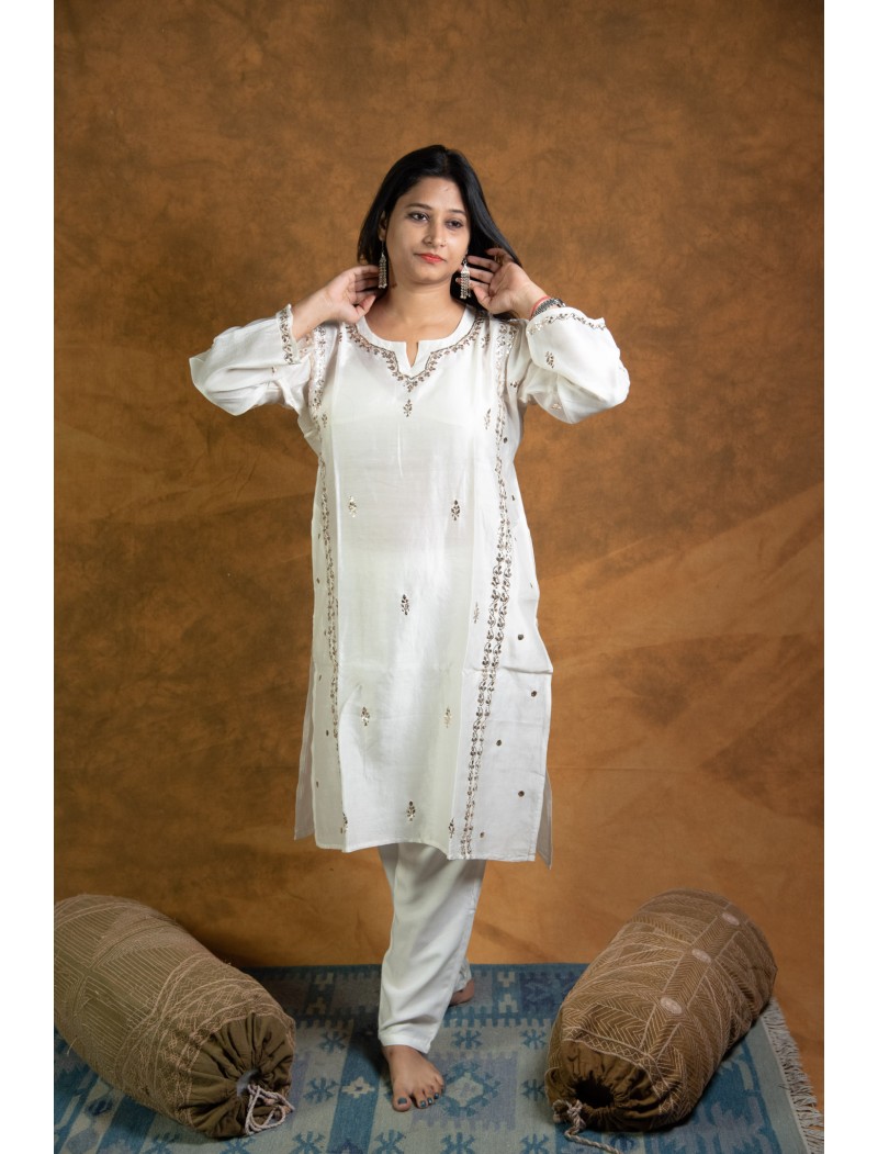 Women Long Panel Kurta with Mukaish Work Q/S Women Long Panel Kurta with Mukaish Work Q/S