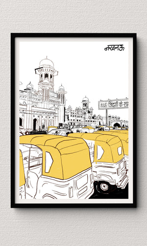 Sketching of Charbagh Charisma: A Symphony of Auto-rickshaws and Timeless Architecture